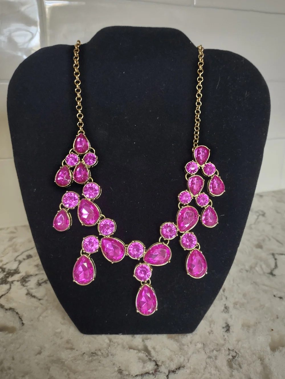 Vibrant Fuchsia Pink & Gold Statement Necklace | Teardrop Gemstone Cluster |